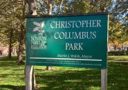 Sign in Christopher Columbus Park that still says Martin J. Walsh is mayor