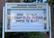 Sign advertising drag service at Brighton church