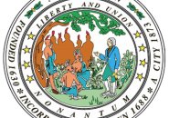 Newton city seal showing John Eliot converting Native Americans