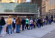 Hockey fans outside Boston City Hall
