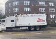 Truck showing signs of storrowing on Washington Street in Brookline