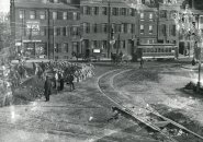 Curved trolley tracks in old Boston