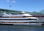Sprit of Boston docked in Charlestown with windows boarded up
