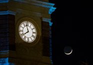 Chelsea City Hall and a crescent moon