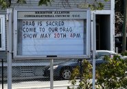 Sign outside Brighton Allston Congregational Church for a May 20 drag-show fundraiser