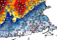 Map showing snowfall totals in southern New England, low along the cost, high further west