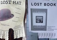 Flyer for a 'lost hat' at Zuzu's Petals and one for a 'lost book' at Lehrhaus