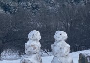 Snowmen at the top of Peters Hill in the Arboretum with downtown Boston and the Back Bay behind them