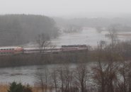 Train passes on Needham Line between Charles and flooded Cutler Park