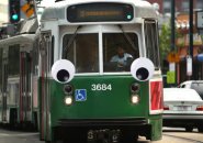 A hypothetical Green Line trolley with googly eyes