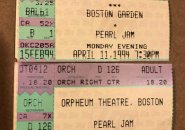 Ticket stubs for two Pearl Jam shows, one at the Garden, one at the Orpheum