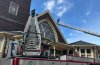 Firefighters up ladders at Boylston Congregational Church