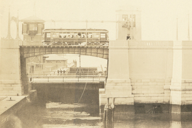 Trolley crossing the bridge